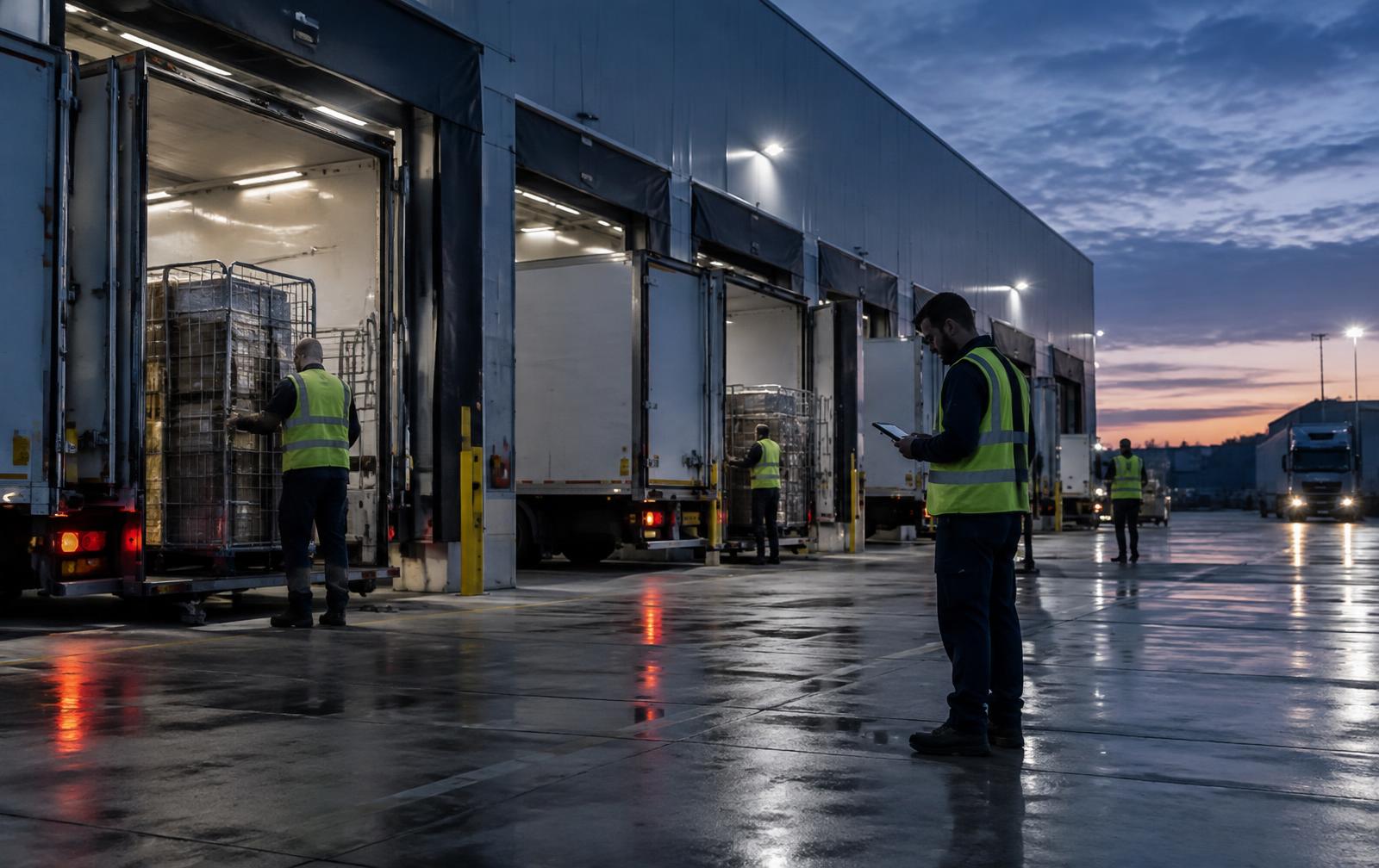 Operatives unloading trailers at a logistics depot loading bay during an evening shift