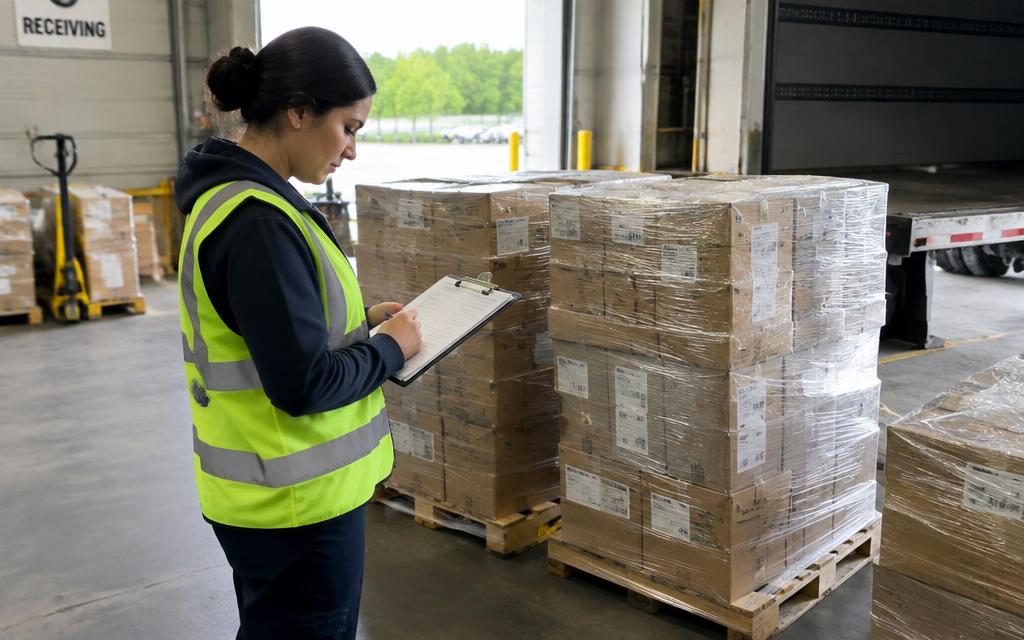 Goods-in operative checking paperwork beside newly received pallets
