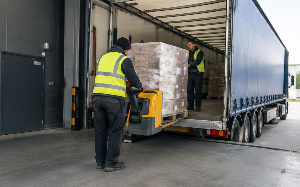 Loading team moving a pallet into a lorry trailer at a loading bay