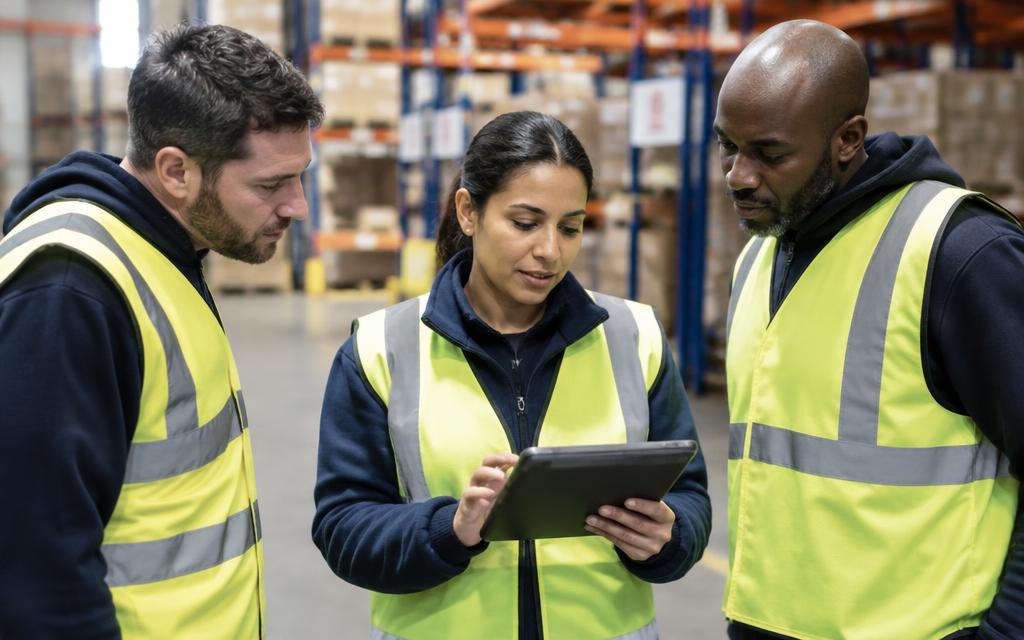 Shift manager reviewing performance on a tablet with team leaders