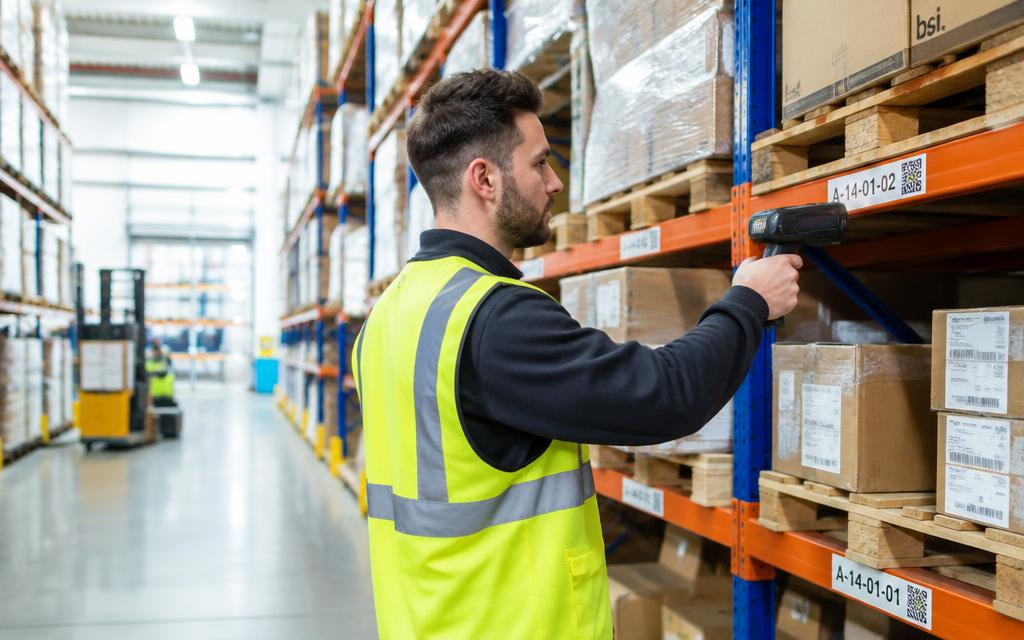 Warehouse operative scanning cartons on pallet racking