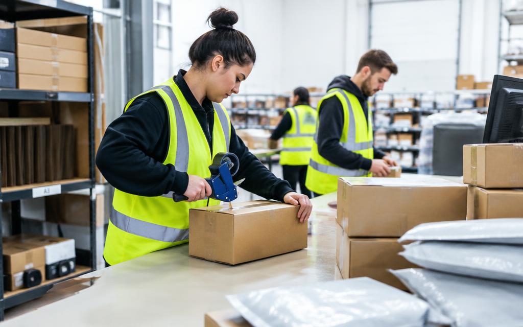 Pickers and packers sealing e-commerce orders at a packing bench