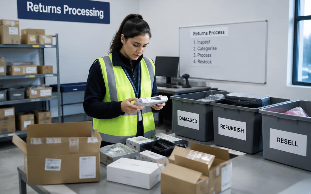 Operative inspecting returned products at a returns processing station