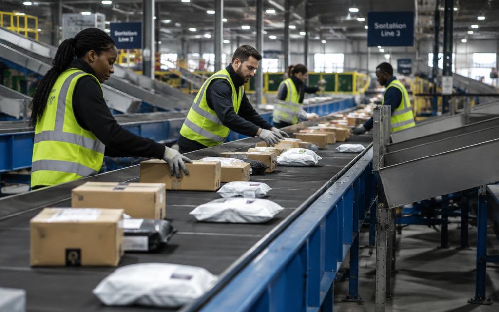 Operatives sorting parcels on a conveyor sortation line