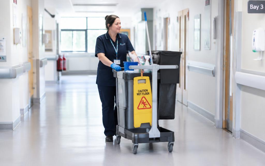 Facilities cleaning operative in a hospital corridor