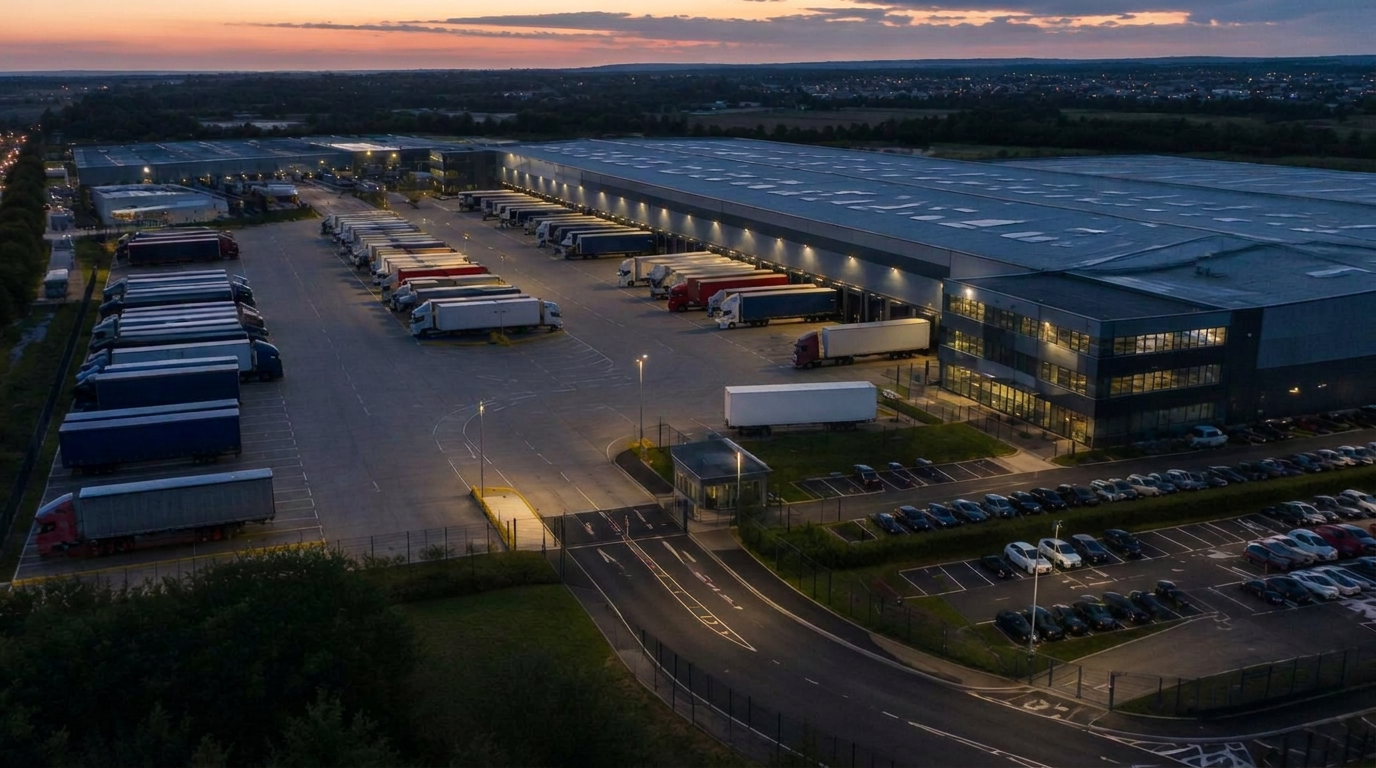 Aerial view of lorries at a logistics distribution hub at dusk