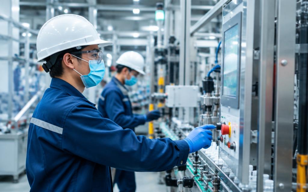 Operators in PPE working on a manufacturing production line