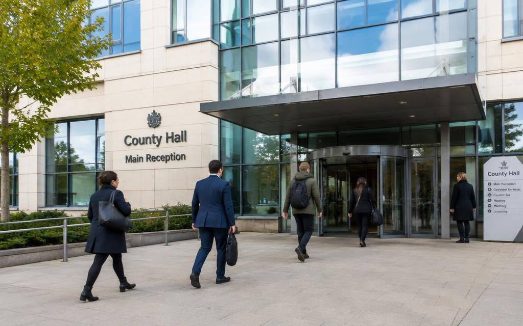 People entering a modern public sector civic building