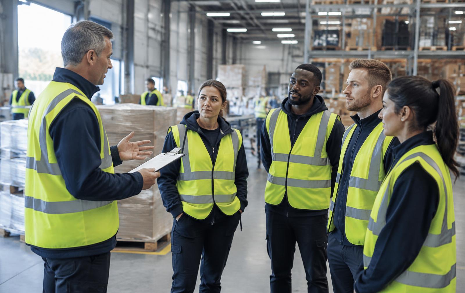 Supervisor briefing a team of warehouse operatives at the start of a shift